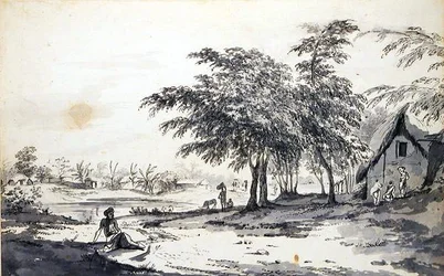 Pohled na indiánskou vesnici s mužem sedícím v popředí, kolem 1781-83 (šedý lavír, pero a černý inkoust a grafit na položeném papíře)